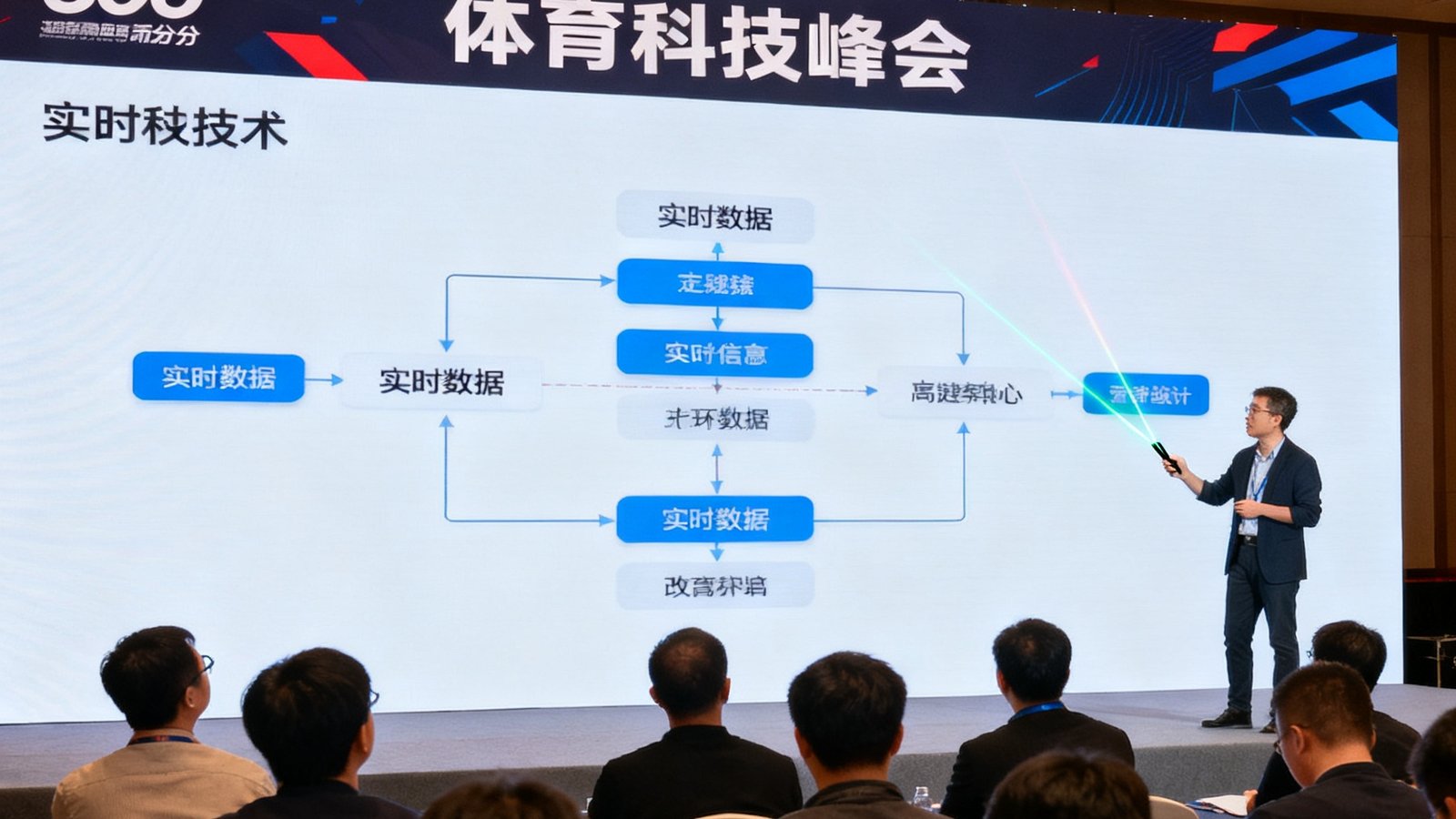 行业体育科技峰会现场照片，500比分代表在台上发表演讲分享实时数据技术，大屏幕展示技术架构图，台下坐满行业人士